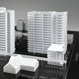 1:500 multi-residential model for Marchese Partners. Using laser cut materials and 3D printing, we constructed contexual massing to scale. The balck base was fiber laser engraved to create a streetmap and project information.